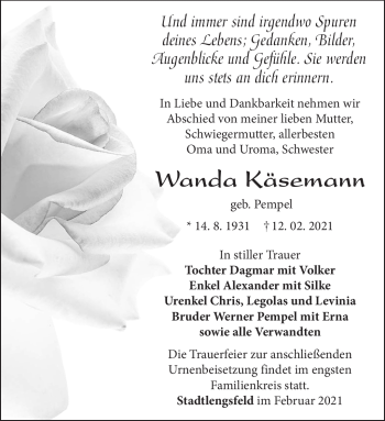 Traueranzeige von Wanda Käsemann von Südthüringer Presse
