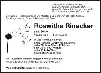 Traueranzeige von Roswitha Rinecker von Südthüringer Presse
