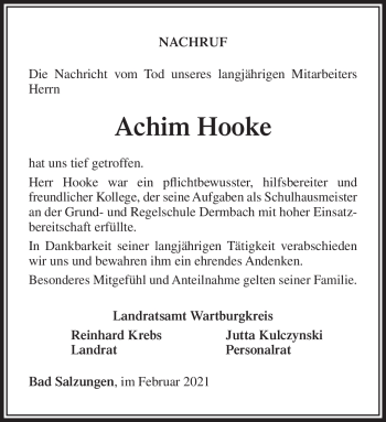 Traueranzeige von Achim Hooke von Südthüringer Presse
