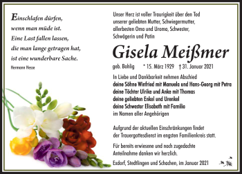Traueranzeige von Gisela Meißmer von Südthüringer Presse