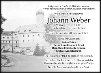 Traueranzeige von Johann Weber von Frankenpost