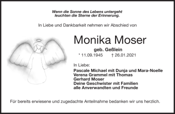 Traueranzeige von Monika Moser von Neue Presse Coburg