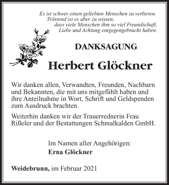 Traueranzeige von Herbert Glöckner von Südthüringer Presse