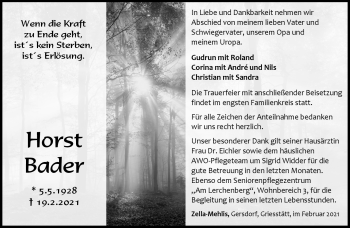 Traueranzeige von Horst Bader von Südthüringer Presse