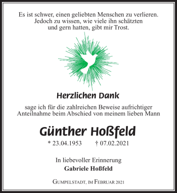 Traueranzeige von Günther Hoßfeld von Südthüringer Presse