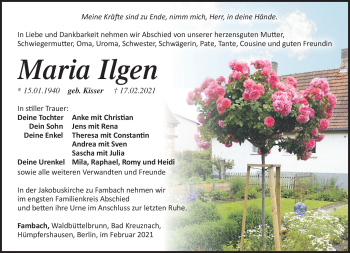 Traueranzeige von Maria Ilgen von Südthüringer Presse