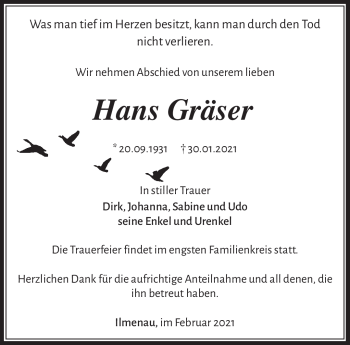Traueranzeige von Hans Gräser von Südthüringer Presse