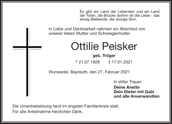 Traueranzeige von Otilie Peisker von Frankenpost