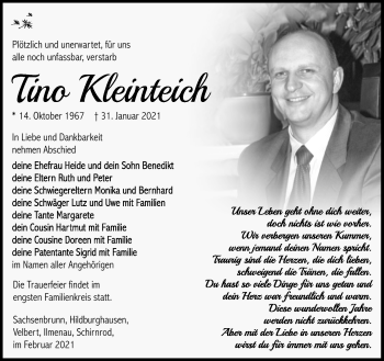 Traueranzeige von Tino Kleinteich von Südthüringer Presse