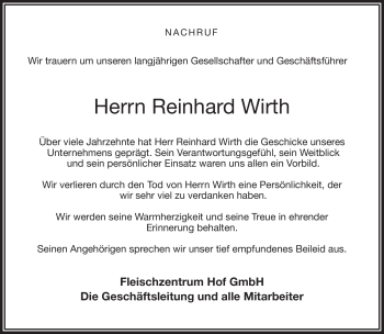 Traueranzeige von Reinhard Wirth von Frankenpost