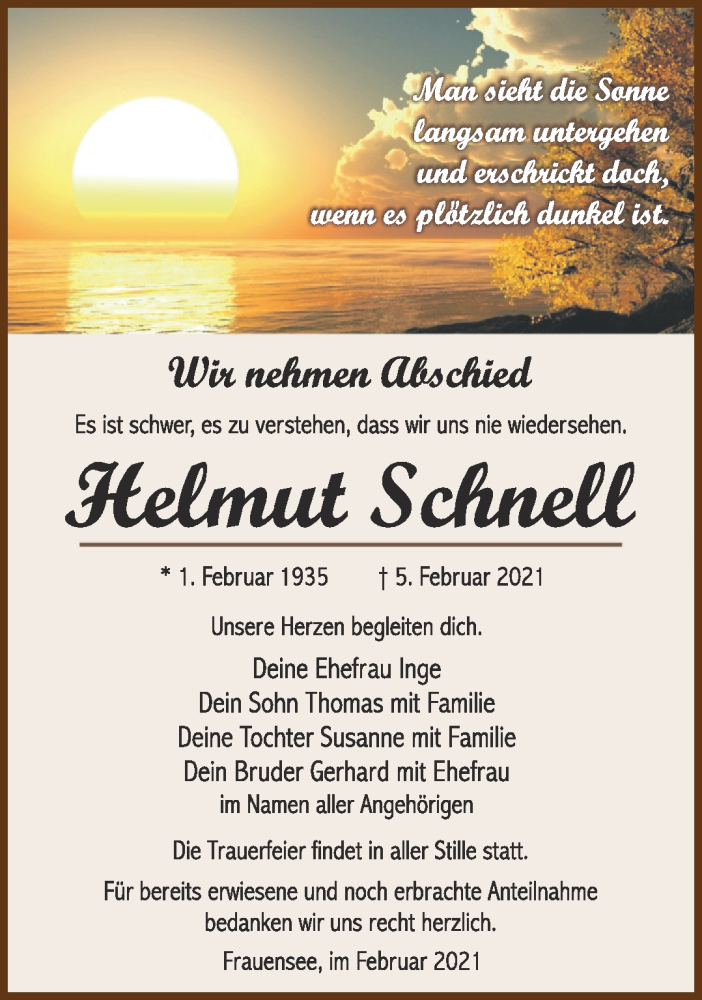  Traueranzeige für Helmut Schnell vom 20.02.2021 aus Südthüringer Presse