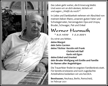 Traueranzeige von Werner Harmuth von Südthüringer Presse
