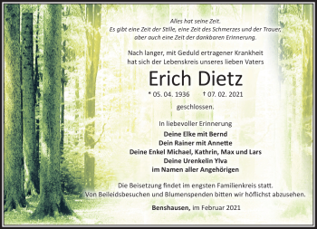 Traueranzeige von Erich Dietz von Südthüringer Presse