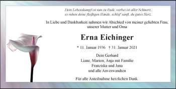 Traueranzeige von Erna Eichinger von Frankenpost
