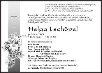 Traueranzeige von Helga Tschöpel von Südthüringer Presse
