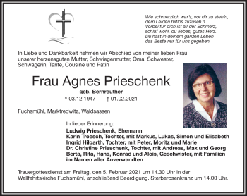 Traueranzeige von Agnes Prieschenk von Frankenpost