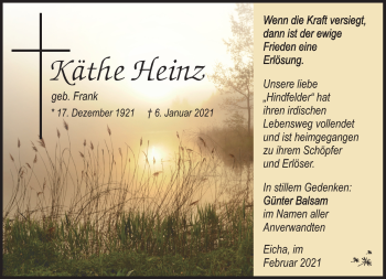 Traueranzeige von Käthe Heinz von Südthüringer Presse