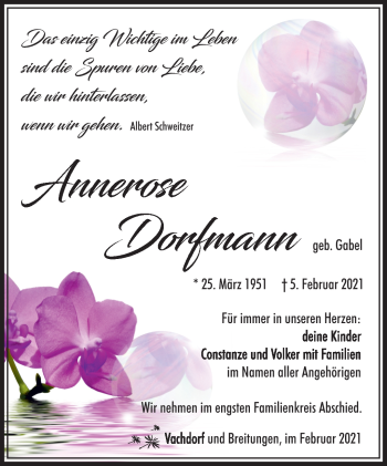 Traueranzeige von Annerose Dorfmann von Südthüringer Presse