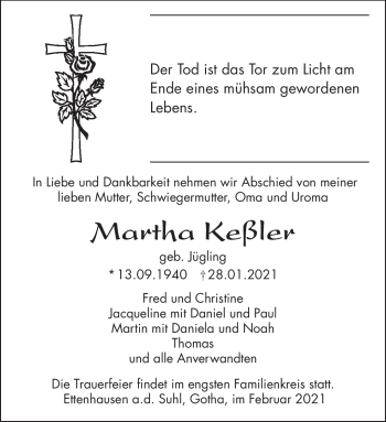 Traueranzeige von Martha Keßler von Südthüringer Presse