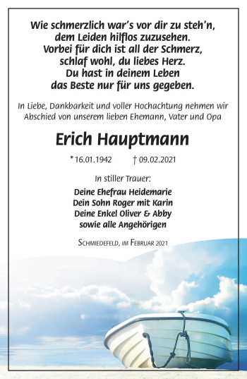 Traueranzeige von Erich Hauptmann von Südthüringer Presse