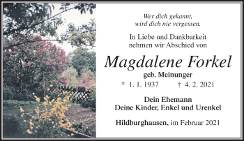 Traueranzeige von magdalene Forkel von Südthüringer Presse