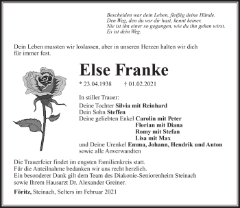 Traueranzeige von Else Franke von Südthüringer Presse