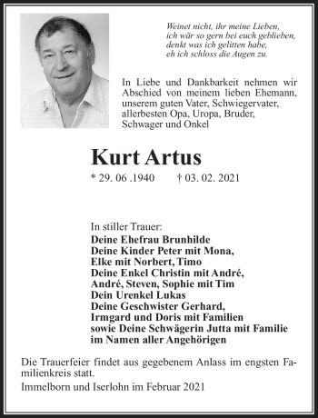 Traueranzeige von Kurt Artus von Südthüringer Presse