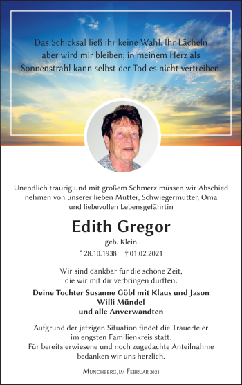 Traueranzeige von Edith Gregor von Frankenpost