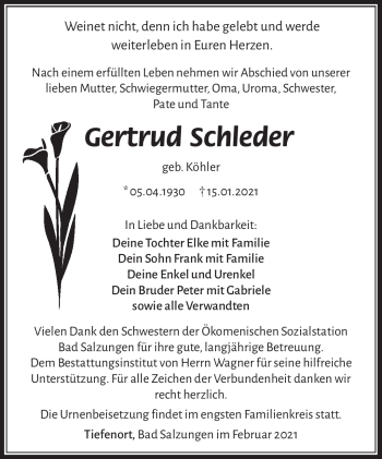 Traueranzeige von Gertrud Schleder von Südthüringer Presse