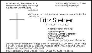 Traueranzeige von Fritz Steiner von Frankenpost