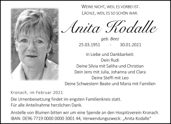 Traueranzeige von Anita Kodalle von Neue Presse Coburg
