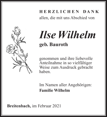 Traueranzeige von Ilse Wilhelm von Südthüringer Presse