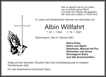Traueranzeige von Albin Willfahrt von Frankenpost