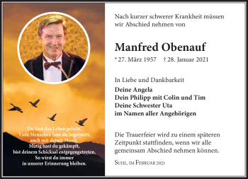 Traueranzeige von Manfred Obenauf von Südthüringer Presse