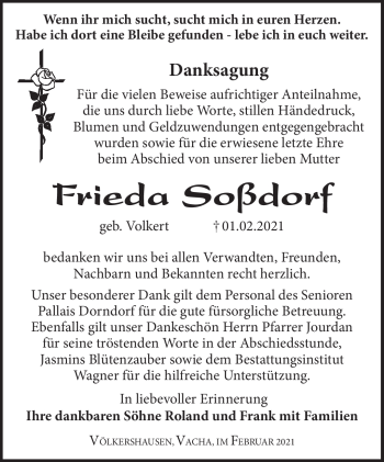 Traueranzeige von Frieda Soßdorf von Südthüringer Presse