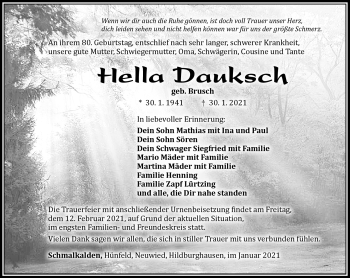 Traueranzeige von Hella Dauksch von Südthüringer Presse