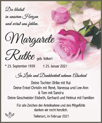 Traueranzeige von Margarete Rutke von Südthüringer Presse