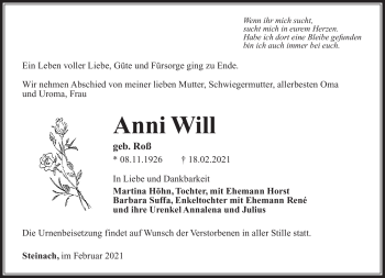 Traueranzeige von Anni Will von Südthüringer Presse