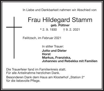 Traueranzeige von Hildegard Stamm von Frankenpost