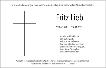 Traueranzeige von Fritz Lieb von Neue Presse Coburg