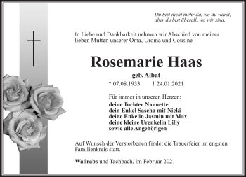 Traueranzeige von Rosemarie Haas von Südthüringer Presse