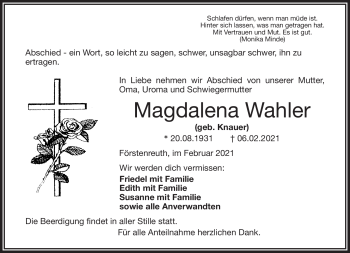 Traueranzeige von Magdalena Wahler von Frankenpost