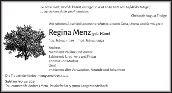 Traueranzeige von Regina Menz von Südthüringer Presse