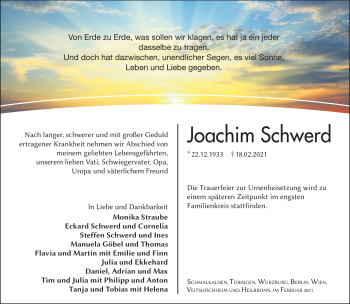 Traueranzeige von Joachim Schwerd von Südthüringer Presse