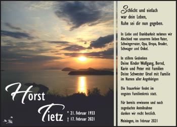 Traueranzeige von Horst Tietz von Südthüringer Presse