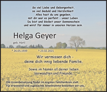 Traueranzeige von Helga Geyer von Frankenpost