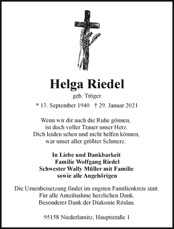 Traueranzeige von Helga Riedel von Frankenpost