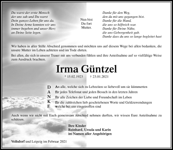 Traueranzeige von Irma Güntzel von Südthüringer Presse