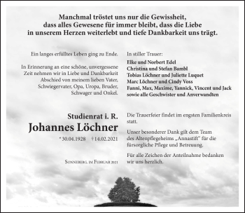 Traueranzeige von Johannes Löchner von Südthüringer Presse