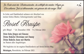 Traueranzeige von Roseliese Kruspe von Südthüringer Presse